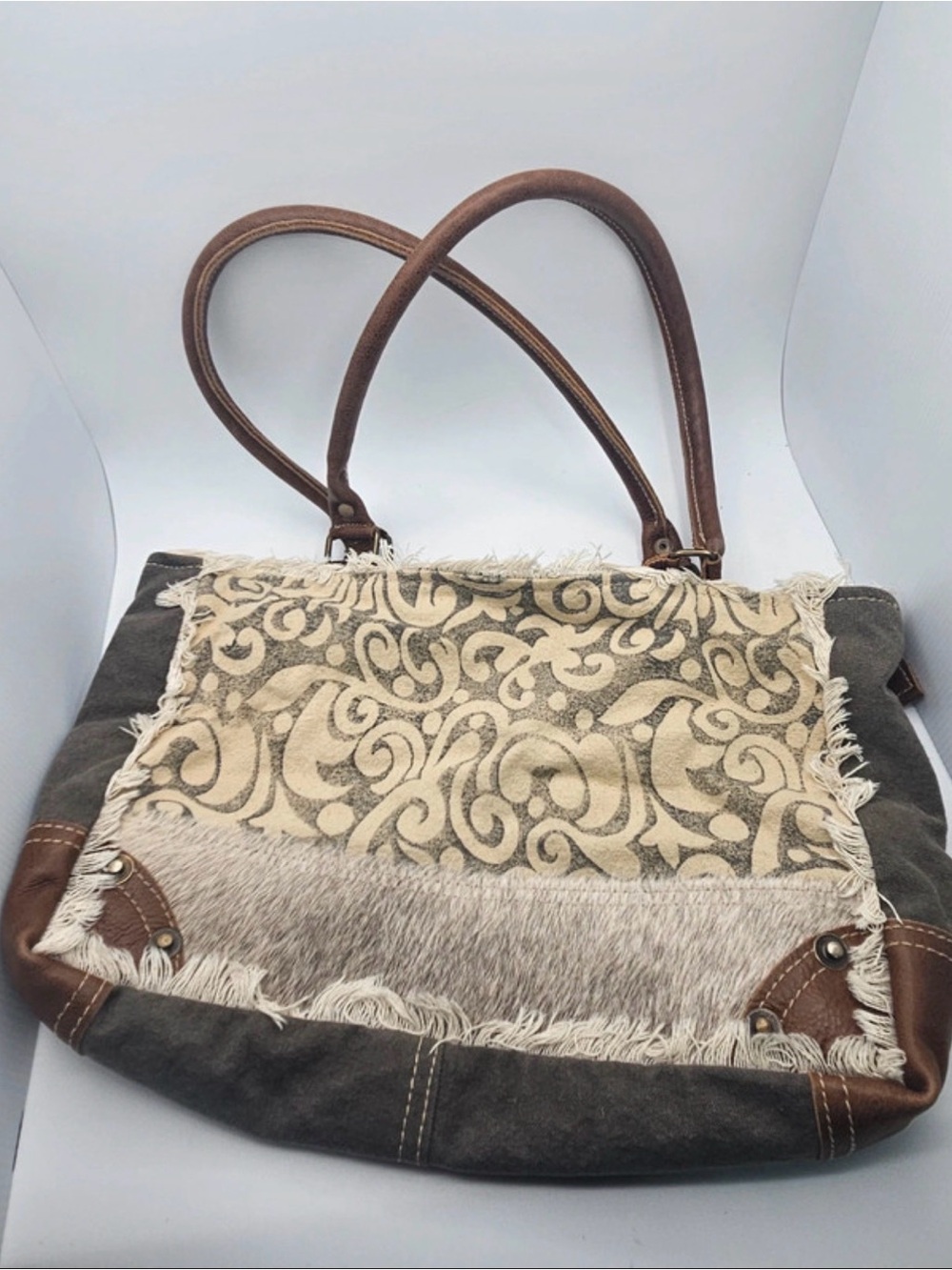 Myra Bag Cream, Brown & Gray Patterned Fringe Tote